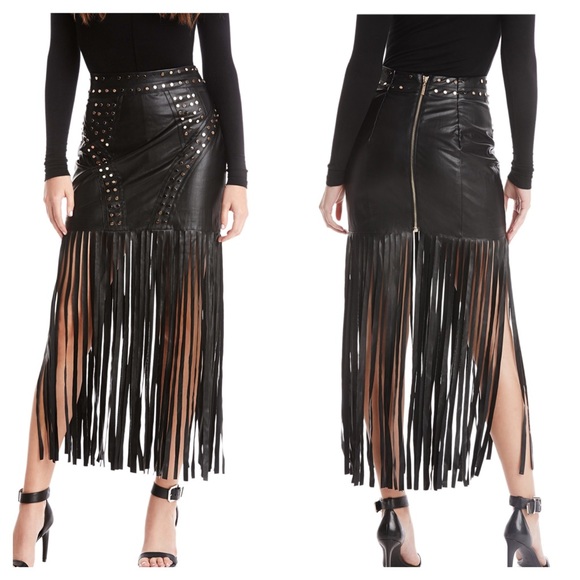 Marciano Dresses & Skirts - Marciano Faux Leather Fringe Skirt Black Gold 2